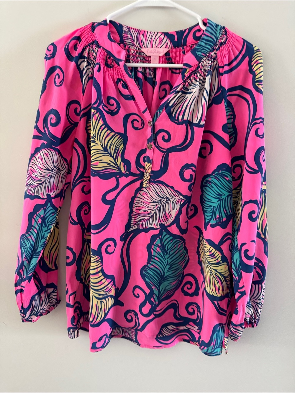 Lilly Pulitzer Bright Pink Floral-Leaf Peasant Blouse
